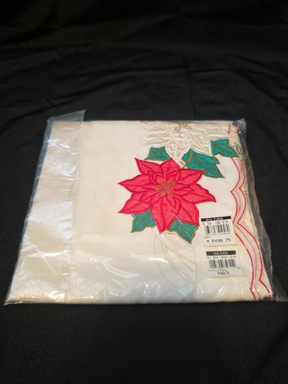 TABLECLOTH VINTAGE CHRISTMAS poinsettia RED white 35" SQUARE